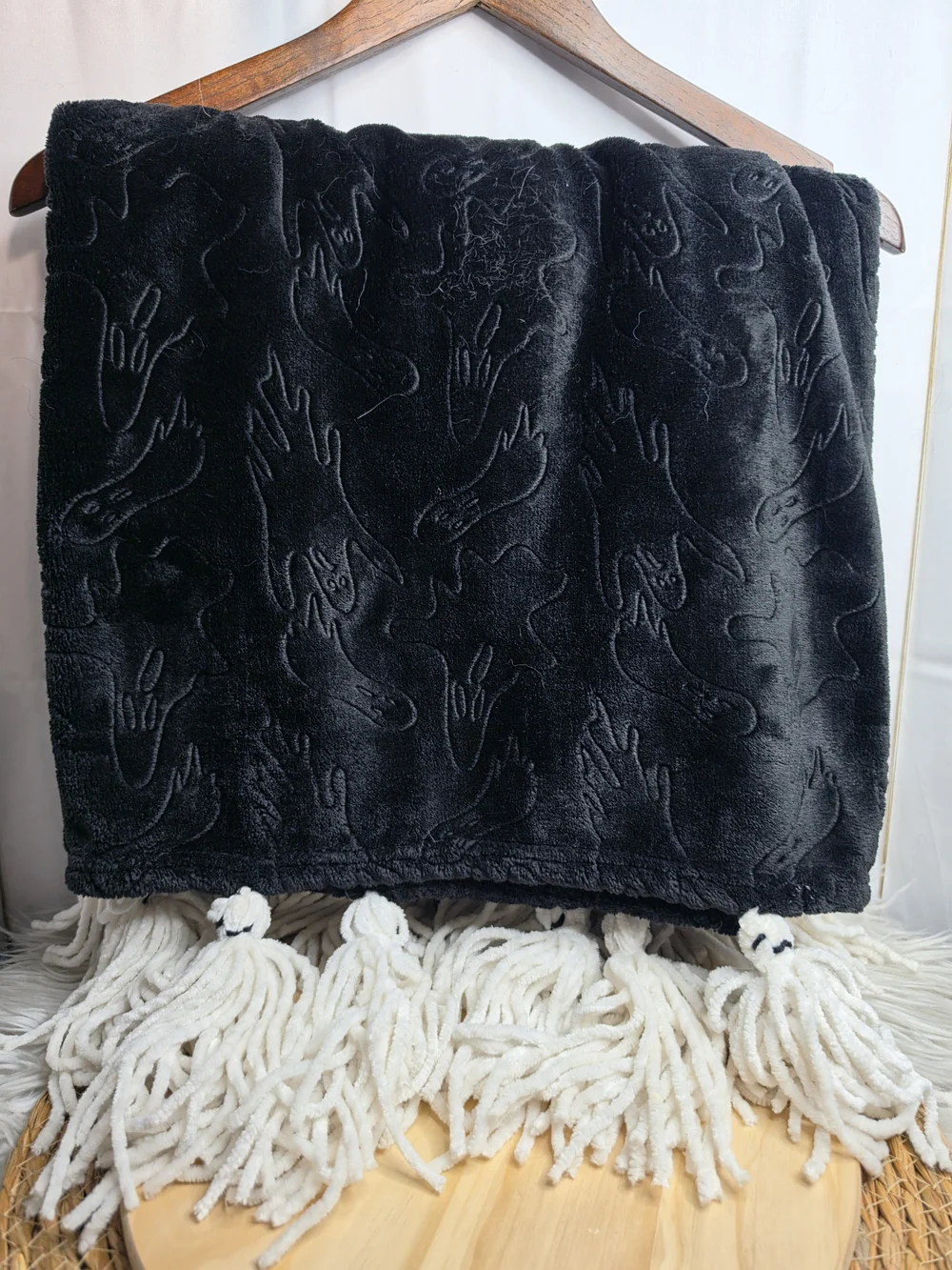 Converse Black Plush Throw Blanket with Cream Tassels